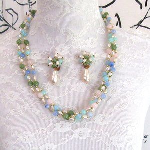 Pastel bead & faux pearl necklace & clip earrings - Vintage new old stock